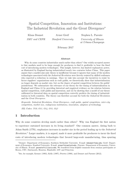 Spatial Competition, Innovation and Institutions: the Industrial Revolution and the Great Divergence∗