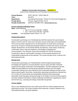 Conservation Psychology -- Fall 2015 V.1 Lewis & Clark Graduate School of Education and Counseling