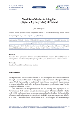 Checklist of the Leaf-Mining Flies (Diptera, Agromyzidae) of Finland