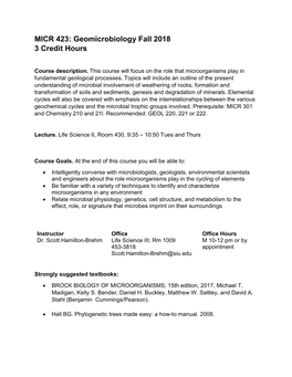 MICR 423: Geomicrobiology Fall 2018 3 Credit Hours