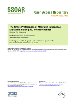 The Grave Preferences of Mourides in Senegal: Migration, Belonging, and Rootedness Onoma, Ato Kwamena