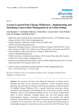 Lessons Learned from Chicago Wilderness—Implementing and Sustaining Conservation Management in an Urban Setting