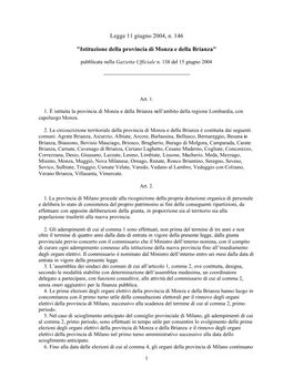 Legge 11 Giugno 2004, N. 146 "Istituzione Della Provincia Di Monza