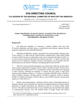 57Th DIRECTING COUNCIL 71St SESSION of the REGIONAL COMMITTEE of WHO for the AMERICAS Washington, D.C., USA, 30 September-4 October 2019