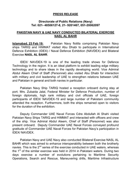 PRESS RELEASE Directorate of Public Relations (Navy) Tel: 021- 48506127-8, 21- 9201467, 051-20062097 PAKISTAN NAVY & UAE