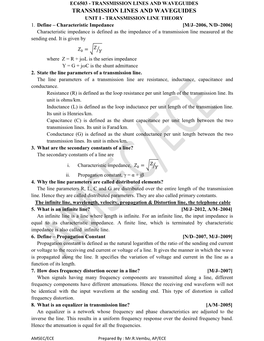 Ec6503 - Transmission Lines and Waveguides Transmission Lines and Waveguides Unit I - Transmission Line Theory 1