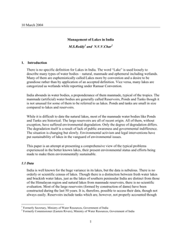 Management of Lakes in India M.S.Reddy1 and N.V.V.Char2