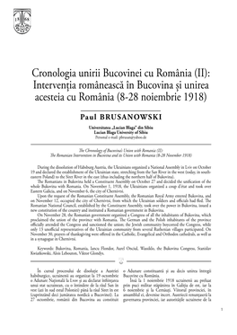 Cronologia Unirii Bucovinei Cu România (II): Intervenția Românească În Bucovina Și Unirea Acesteia Cu România (8-28 Noiembrie 1918)