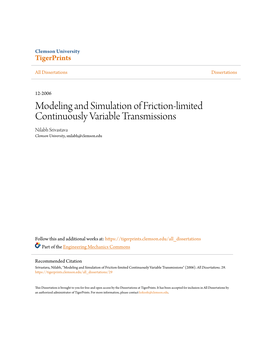 Modeling and Simulation of Friction-Limited Continuously Variable Transmissions Nilabh Srivastava Clemson University, Snilabh@Clemson.Edu