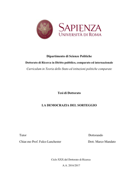 Dipartimento Di Scienze Politiche Curriculum in Teoria Dello Stato Ed