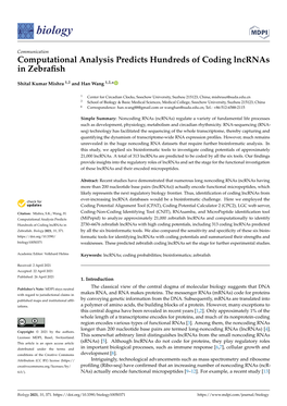 Computational Analysis Predicts Hundreds of Coding Lncrnas in Zebrafish