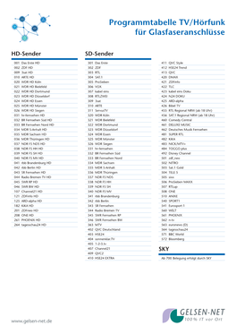 Programmtabelle TV/Hörfunk Für Glasfaseranschlüsse