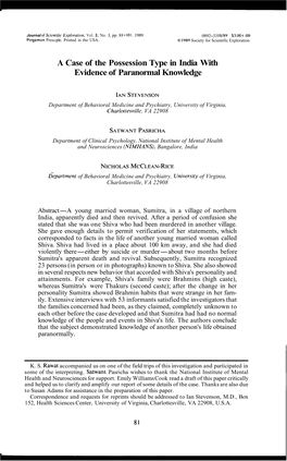 A Case of the Possession Type in India with Evidence of Paranormal Knowledge