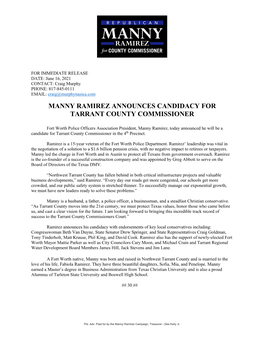 Manny Ramirez Announces Candidacy for Tarrant County Commissioner