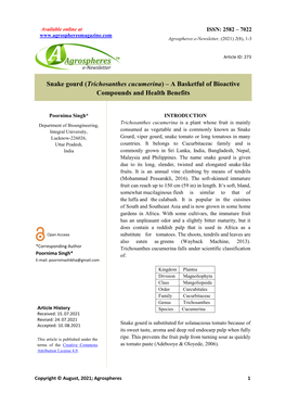 Trichosanthes Cucumerina ) – a Basketful of Bioactive Compounds and Health Benefits