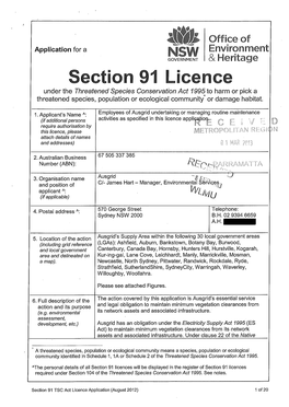 Section 91 Licence Under the Threatened Species Conservation Act 1995 to Harm Or Pick a Threatened Species, Population Or Ecological Community' Or Damage Habitat