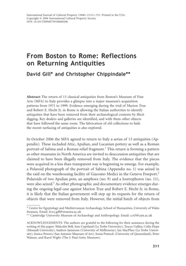 From Boston to Rome: Reflections on Returning Antiquities David Gill* and Christopher Chippindale**