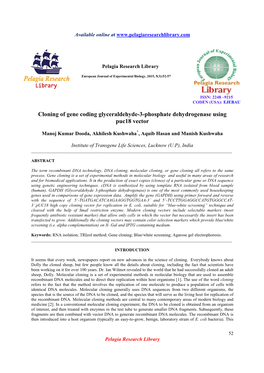 Cloning of Gene Coding Glyceraldehyde-3-Phosphate Dehydrogenase Using Puc18 Vector