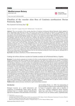 Checklist of the Vascular Alien Flora of Catalonia (Northeastern Iberian Peninsula, Spain) Pere Aymerich1 & Llorenç Sáez2,3