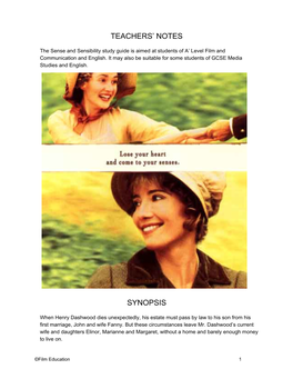 Sense and Sensibility Study Guide Is Aimed at Students of A’ Level Film and Communication and English