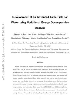 Development of an Advanced Force Field for Water Using Variational Energy Decomposition Analysis Arxiv:1905.07816V3 [Physics.Ch