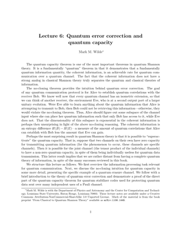 Lecture 6: Quantum Error Correction and Quantum Capacity