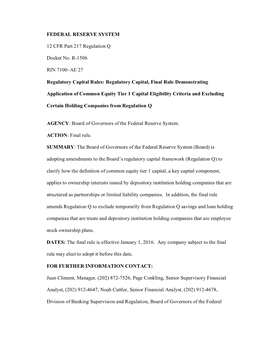 FEDERAL RESERVE SYSTEM 12 CFR Part 217 Regulation Q Docket