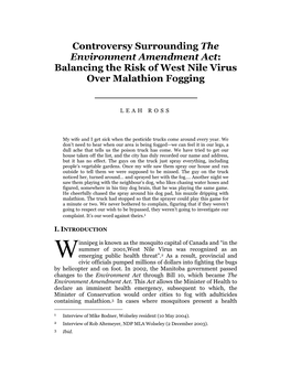 Controversy Surrounding the Environment Amendment Act: Balancing the Risk of West Nile Virus Over Malathion Fogging