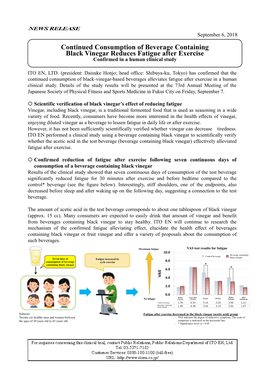 Continued Consumption of Beverage Containing Black Vinegar Reduces Fatigue After Exercise Confirmed in a Human Clinical Study