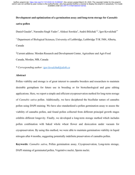 Development and Optimization of a Germination Assay and Long-Term Storage for Cannabis