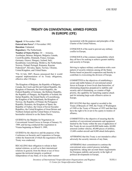Treaty on Conventional Armed Forces in Europe (Cfe)