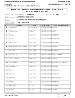 LISTE DES CANDIDATS AU CONCOURS DIRECT D'entree a LA FONCTION PUBLIQUE Centre De Concours De : SIKASSO Session De: Nov