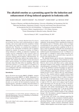 The Alkaloid Emetine As a Promising Agent for the Induction and Enhancement of Drug-Induced Apoptosis in Leukemia Cells