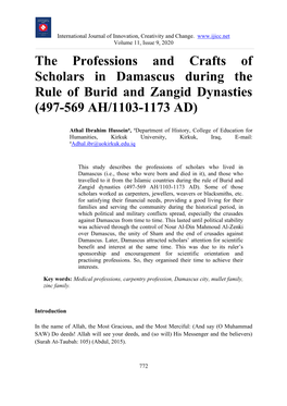 The Professions and Crafts of Scholars in Damascus During the Rule of Burid and Zangid Dynasties (497-569 AH/1103-1173 AD)