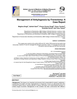 Management of Ankylogossia by Frenectomy- a Case Report