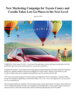 New Marketing Campaign for Toyota Camry and Corolla Takes Lets Go Places to the Next Level