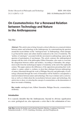On Cosmotechnics: for a Renewed Relation Between Technology And