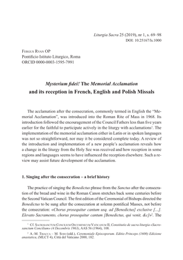 Mysterium Fidei! the Memorial Acclamation and Its Reception in French, English and Polish Missals