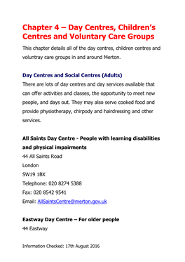 Chapter 4 – Day Centres, Children's Centres and Voluntary Care Groups