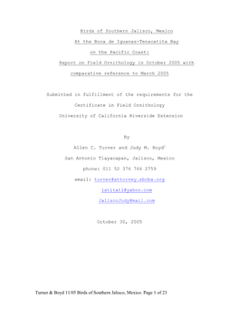 Turner & Boyd 11/05 Birds of Southern Jalisco, Mexico. Page 1 of 23 Birds of Southern Jalisco, Mexico at the Boca De Iguanas