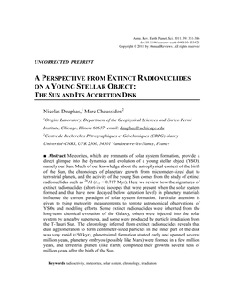 A Perspective from Extinct Radionuclides on a Young Stellar Object: the Sun and Its Accretion Disk