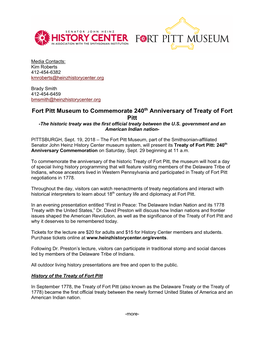 Treaty of Fort Pitt Commemoration Press Release FINAL