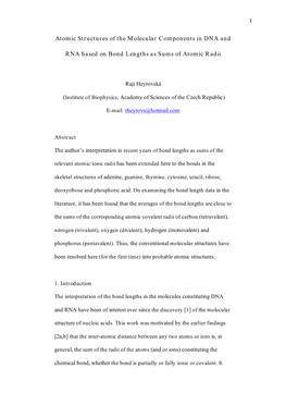 Atomic Structures of the M Olecular Components in DNA and RNA Based on Bond Lengths As Sums of Atomic Radii