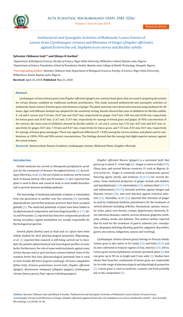 Cymbopogon Citratus) and Rhizomes of Ginger (Zingiber Officinale) Against Escherichia Coli, Staphylococcus Aureus and Bacillus Subtilis