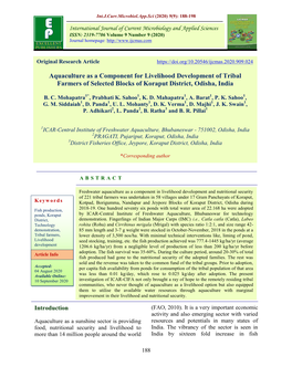 Aquaculture As a Component for Livelihood Development of Tribal Farmers of Selected Blocks of Koraput District, Odisha, India