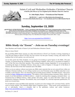 Sunday, September 13, 2020 + the 14Th Sunday After Pentecost