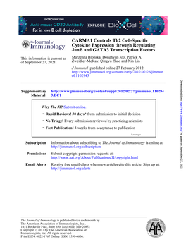 Junb and GATA3 Transcription Factors Cytokine Expression Through Regulating CARMA1 Controls Th2 Cell-Specific