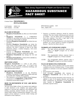 Pentachloride Hazard Summary Identification