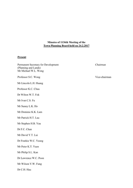 Minutes of 1136Th Meeting of the Town Planning Board Held on 24.2.2017 Present Permanent Secretary for Development Chairman