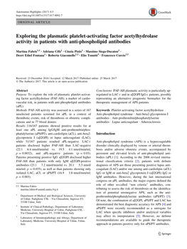 Exploring the Plasmatic Platelet-Activating Factor Acetylhydrolase Activity in Patients with Anti-Phospholipid Antibodies